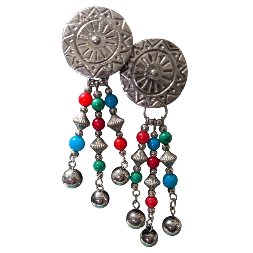 Vintage Southwestern Silver Tone Multi Color Beaded Chandelier Dangle Earrings